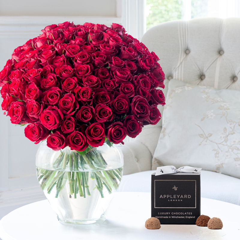 Flower Gift Set - 100 Luxury Red Roses & 12 Mixed Truffles - Next Day Flower & Gift Delivery UK - Appleyard London