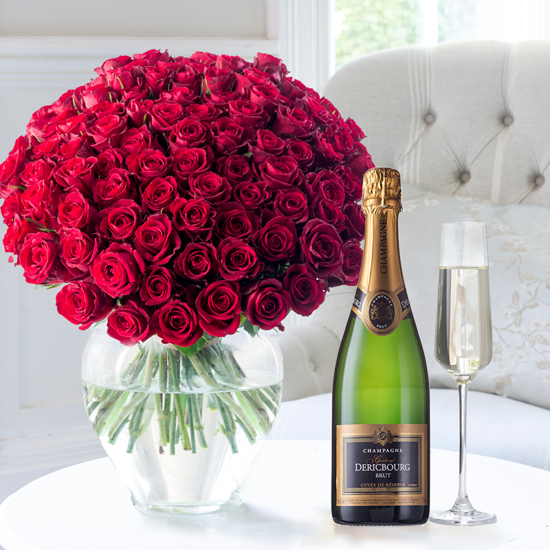 Flower Gift Set - 100 Luxury Red Roses & Champagne Dericbourg - Next Day Flower & Gift Delivery UK - Appleyard London