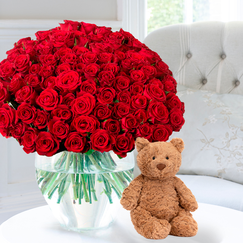 Flower Gift Set - 100 Luxury Red Roses & Jellycat Bartholomew Bear - Mother's Day Flower & Gift Delivery UK - Appleyard London