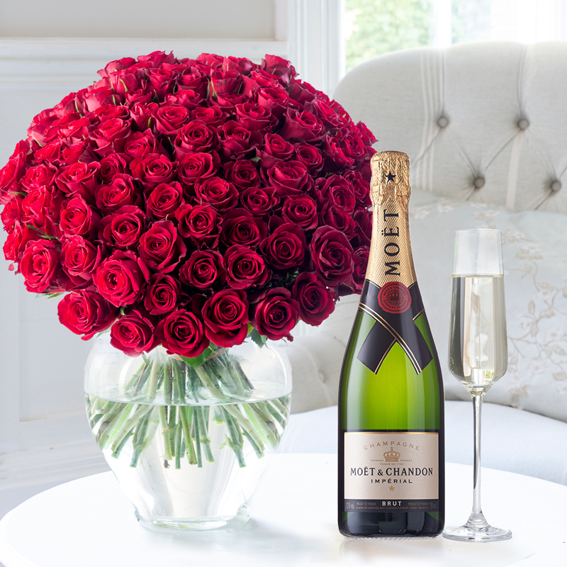 Flower Gift Set - 100 Luxury Red Roses & Moët & Chandon - Next Day Flower & Gift Delivery UK - Appleyard London