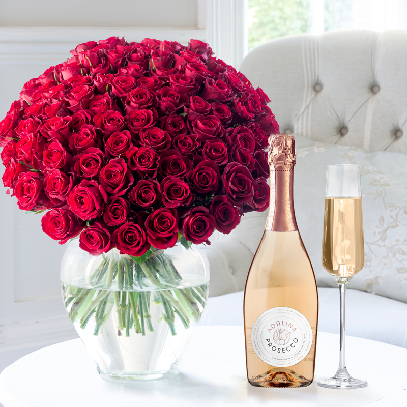 Flower Gift Set - 100 Luxury Red Roses & Prosecco Rosé - Next Day Flower & Gift Delivery UK - Appleyard London