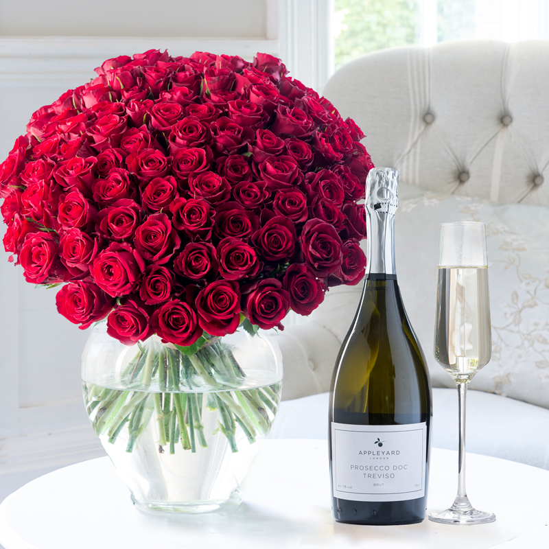 Flower Gift Set - 100 Luxury Red Roses & Prosecco - Next Day Flower & Gift Delivery UK - Appleyard London