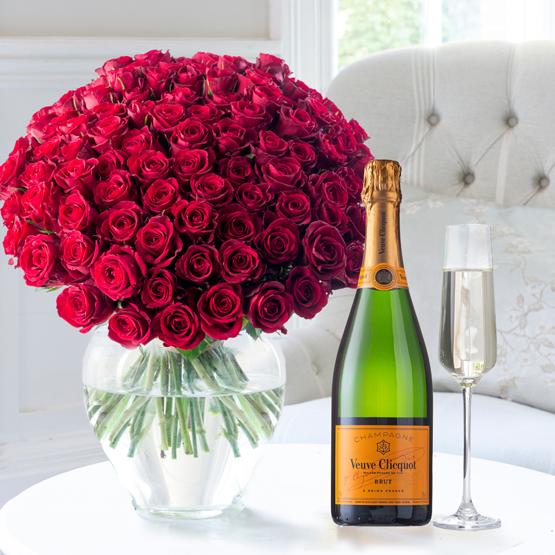 Flower Gift Set - 100 Luxury Red Roses & Veuve Clicquot - Next Day Flower & Gift Delivery UK - Appleyard London
