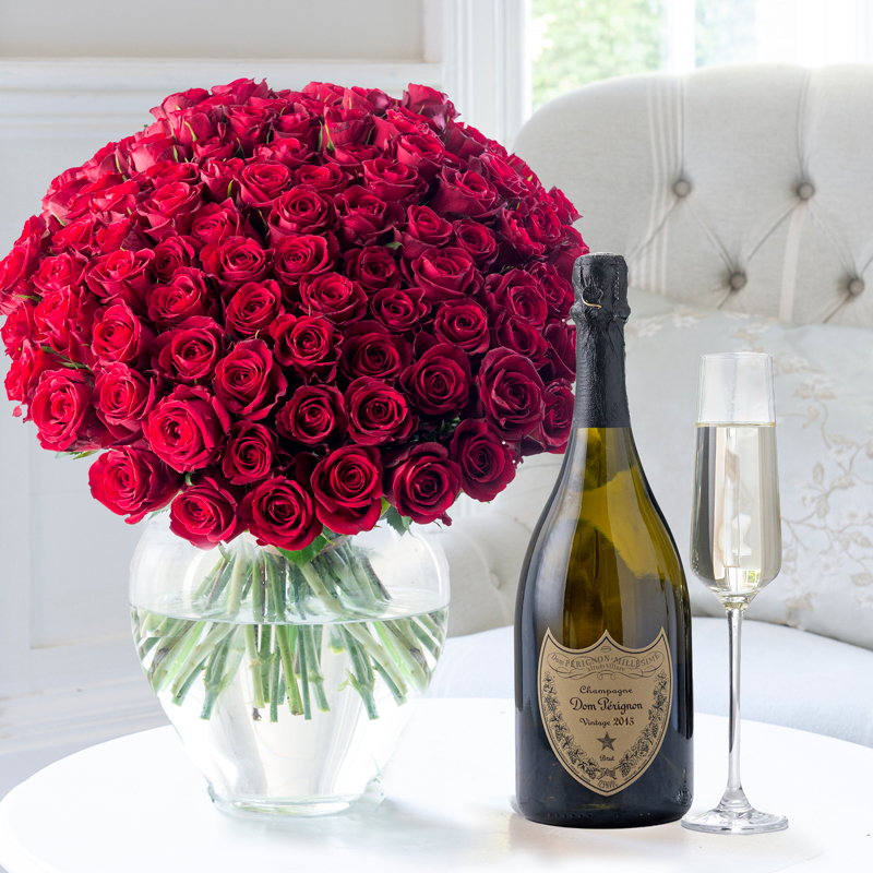 Flower Gift Set - 100 Luxury Red Roses & Dom Perignon - Next Day Flower & Gift Delivery UK - Appleyard London
