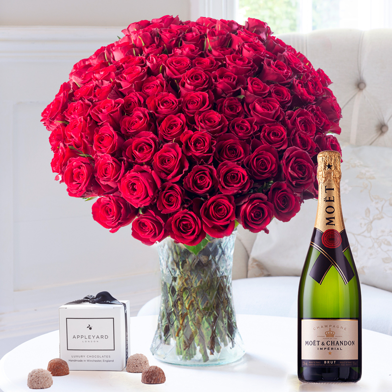 Flower Gift Set - 100 Luxury Red Roses, Moët & Chandon & 6 Mixed Truffles - Next Day Flower & Gift Delivery UK - Appleyard London