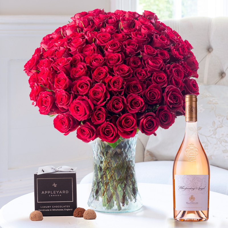 Flower Gift Set - 100 Luxury Red Roses, Whispering Angel & 12 Mixed Truffles - Next Day Flower & Gift Delivery UK - Appleyard London