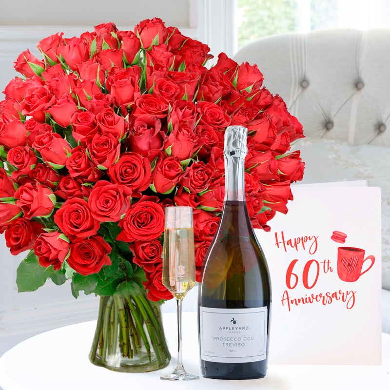 60th Anniversary Gift Flower Gift Set - 100 Red Roses, Appleyard Prosecco & Anniversary Card - Next Day Flower & Gift Delivery UK - Appleyard London