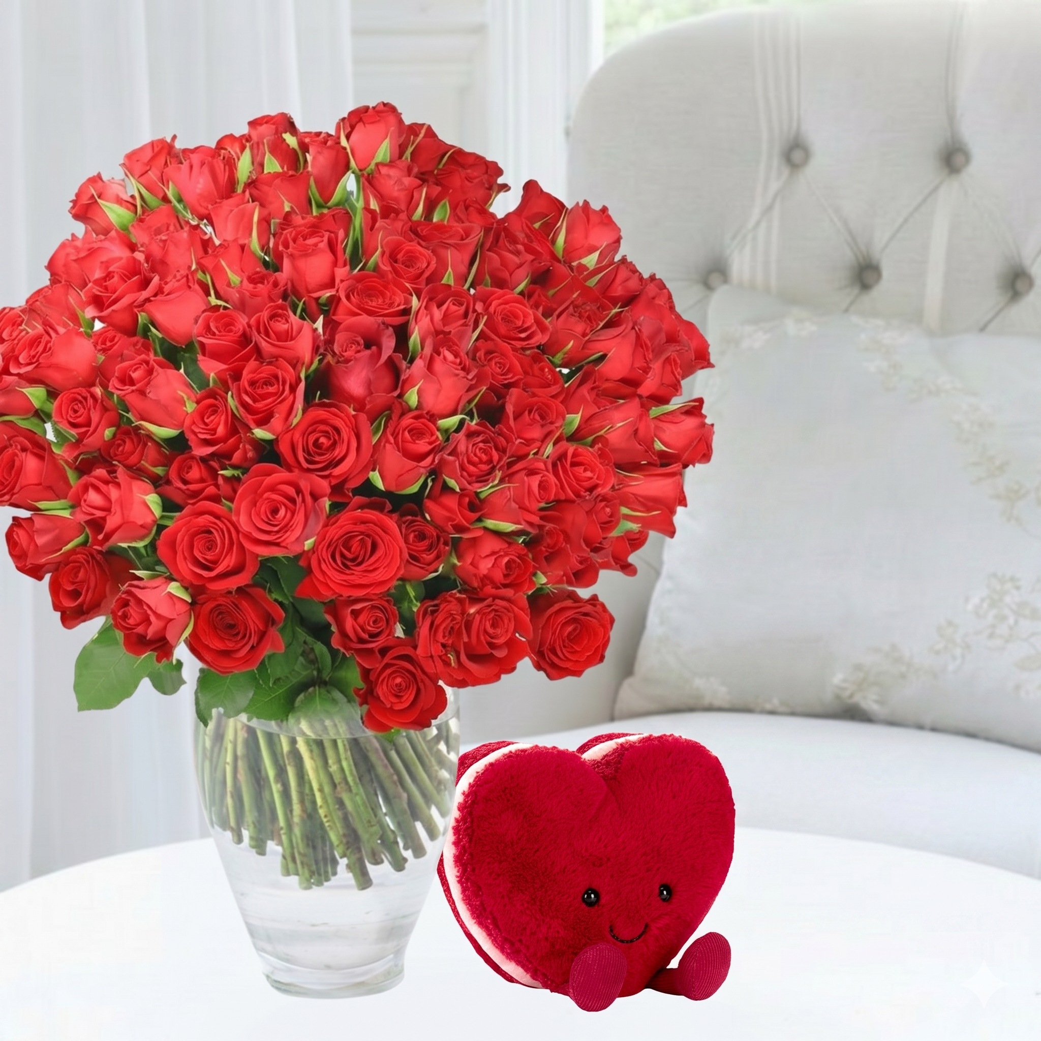 100 Red Roses, Jellycat Red Heart Macaron - Next Day Flower & Gift Delivery UK - Appleyard London