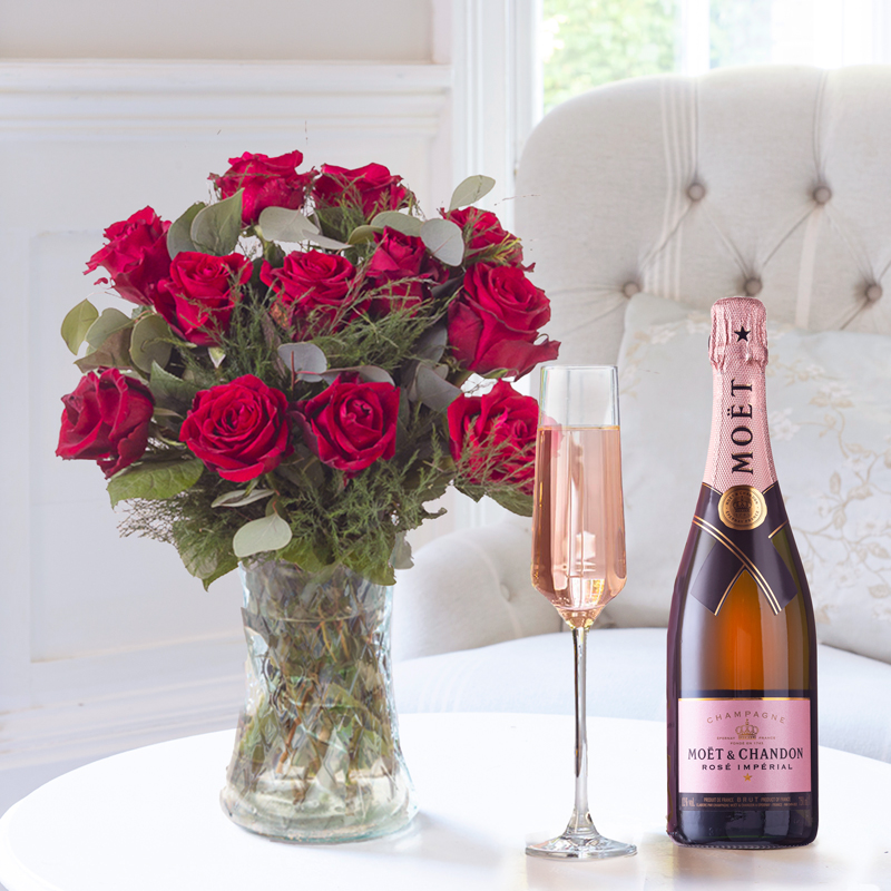 Flower Gift Set - 12 Large Headed Red Roses & Moët Rosé - Next Day Flower & Gift Delivery UK - Appleyard London