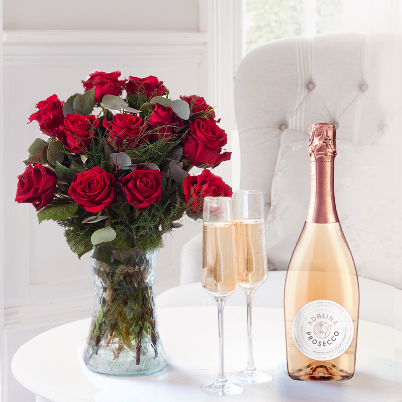 Flower Gift Set - 12 Large Headed Red Roses & Prosecco Rosé - Next Day Flower & Gift Delivery UK - Appleyard London