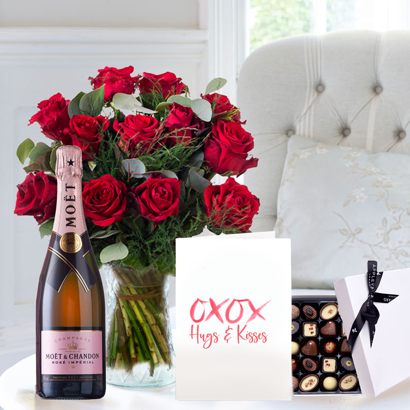 Romance Flower Gift Set - 12 Large Headed Red Roses, Moët Rosé, Chocolates & Romance Card - Next Day Flower & Gift Delivery UK - Appleyard London