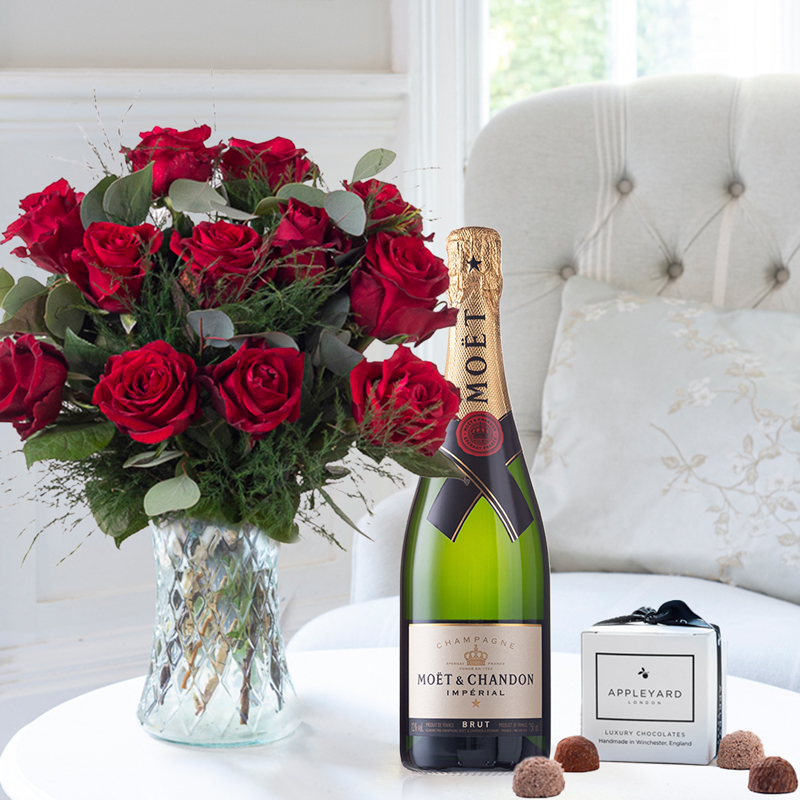 Flower Gift Set - 12-24 Large Headed Red Roses, 6 Truffles & Moët & Chandon - Next Day Flower & Gift Delivery UK - Appleyard London