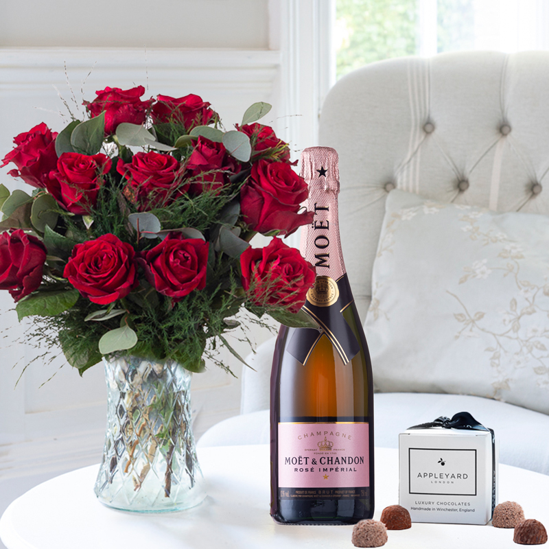 Flower Gift Set - 12-24 Large Headed Red Roses, 6 Truffles & Moët Rosé - Next Day Flower & Gift Delivery UK - Appleyard London