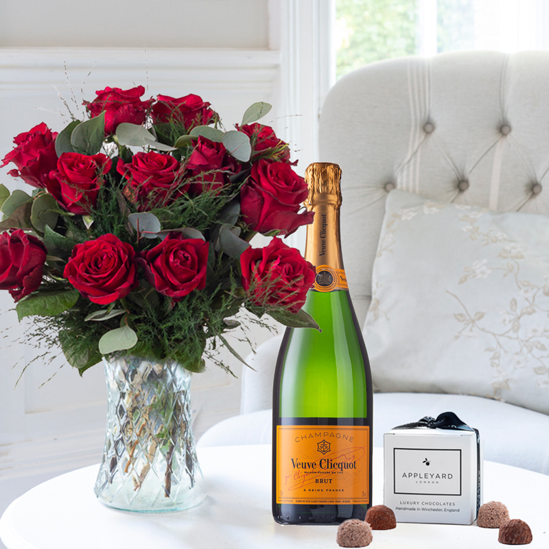 Flower Gift Set - 12-24 Large Headed Red Roses, 6 Truffles & Veuve Clicquot - Next Day Flower & Gift Delivery UK - Appleyard London