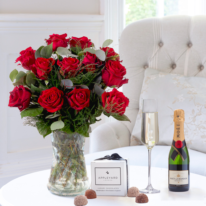 Flower Gift Set - 12 Opulent Red Roses, Mini Moët & 6 Mixed Truffles - Next Day Flower & Gift Delivery UK - Appleyard London