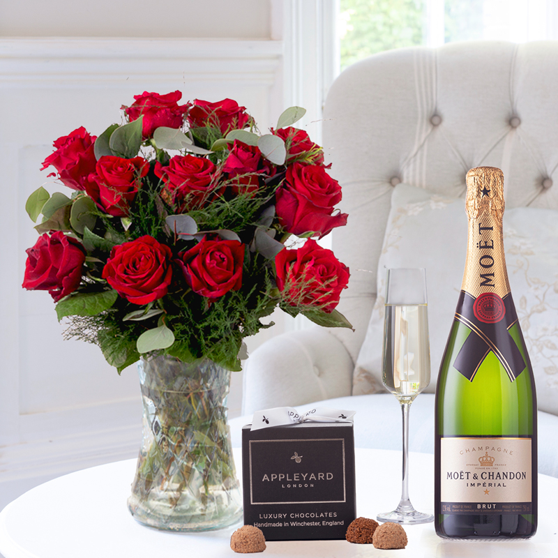 Flower Gift Set - 12 Opulent Red Roses, Moët & Chandon & 12 Mixed Truffles - Next Day Flower & Gift Delivery UK - Appleyard London