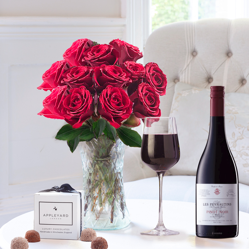 Flower Gift Set - 12 Red Roses, Les Peyrautins Pinot Noir & 6 Mixed Truffles - Next Day Flower & Gift Delivery UK - Appleyard London