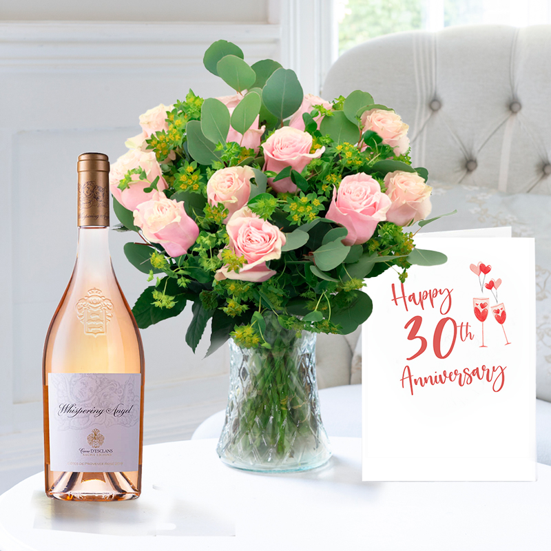 30th Anniversary Gift Flower Gift Set - Luxury Pink Roses, Whispering Angel & Anniversary Card - Next Day Flower & Gift Delivery UK - Appleyard London