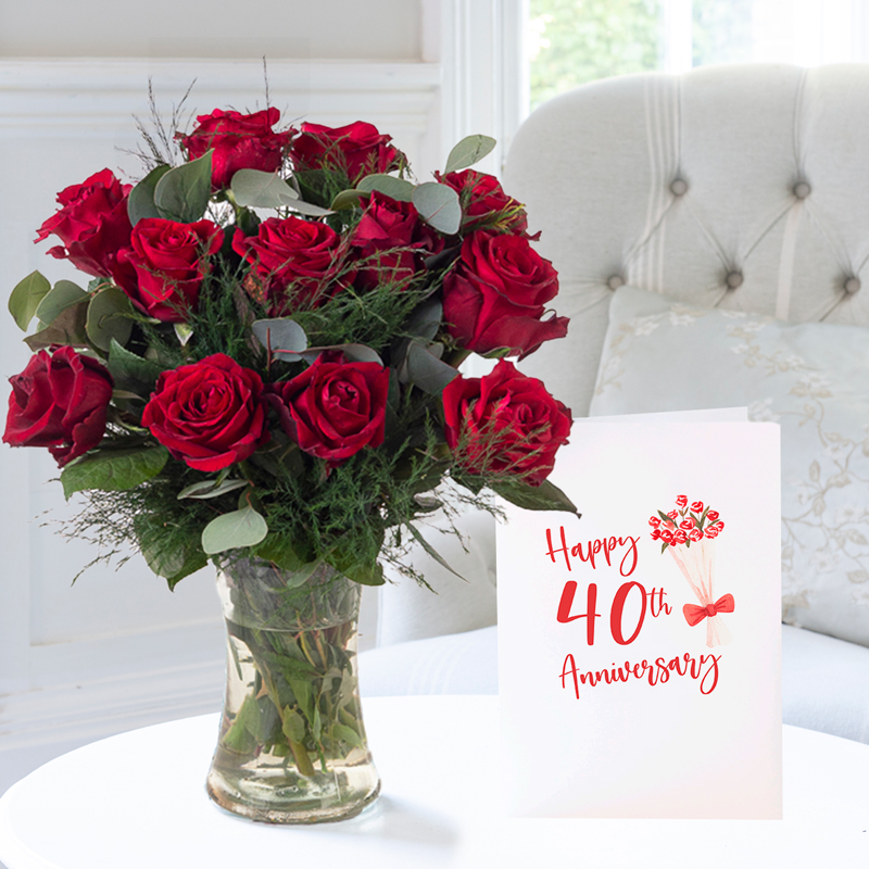40th Anniversary Gift Flower Gift Set - 12 Large Headed Red Roses, Vase & Anniversary Card - Next Day Flower & Gift Delivery UK - Appleyard London