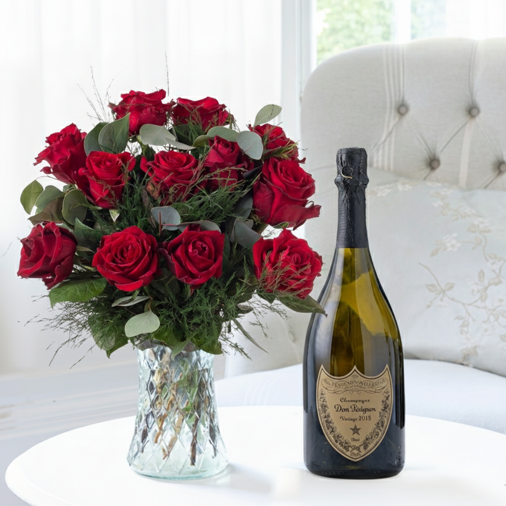 Flower Gift Set - 12 Opulent Red Roses & Dom Perignon - Next Day Flower & Gift Delivery UK - Appleyard London