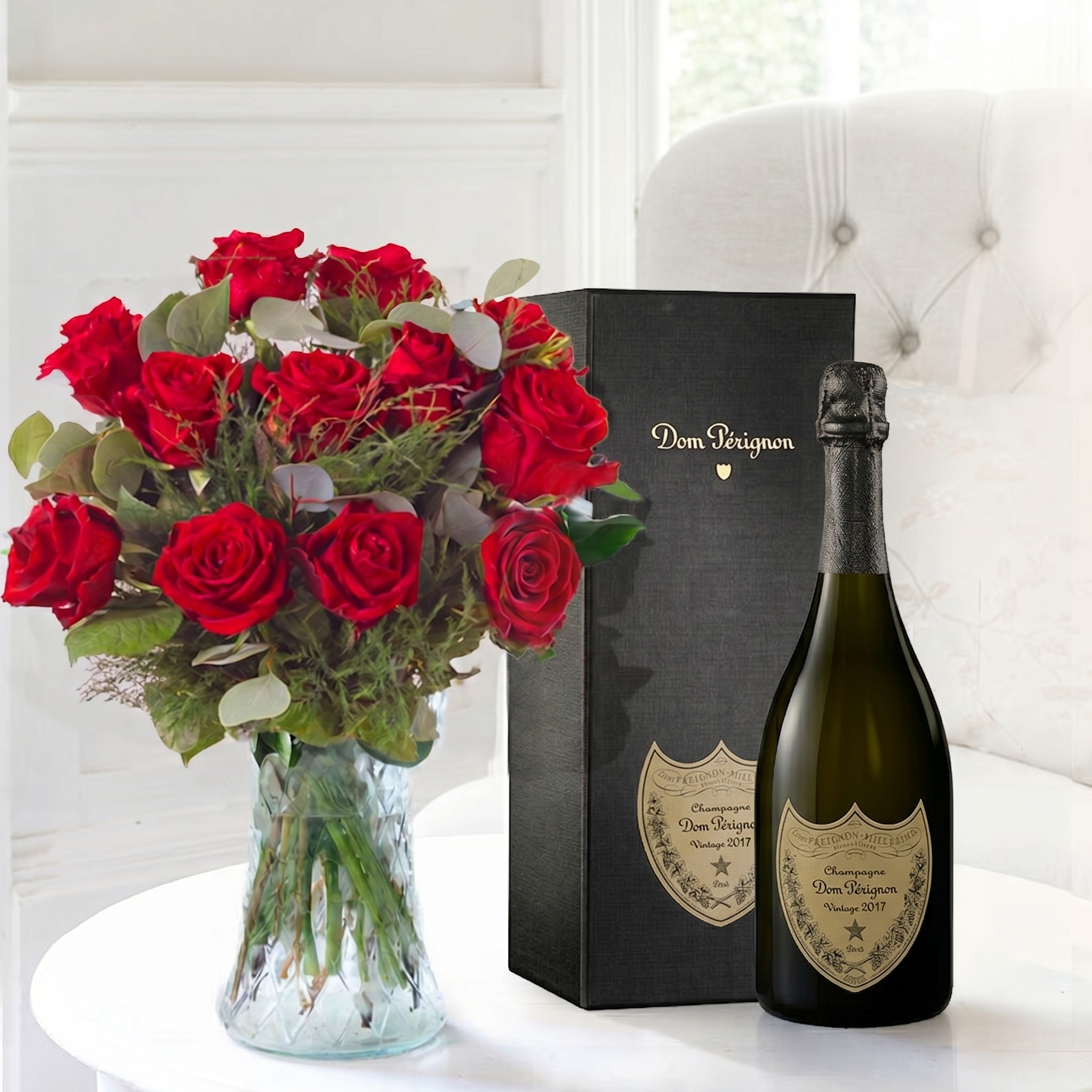 Flower Gift Set - 12 Large Headed Red Roses & Dom Pérignon - Next Day Flower & Gift Delivery UK - Appleyard London