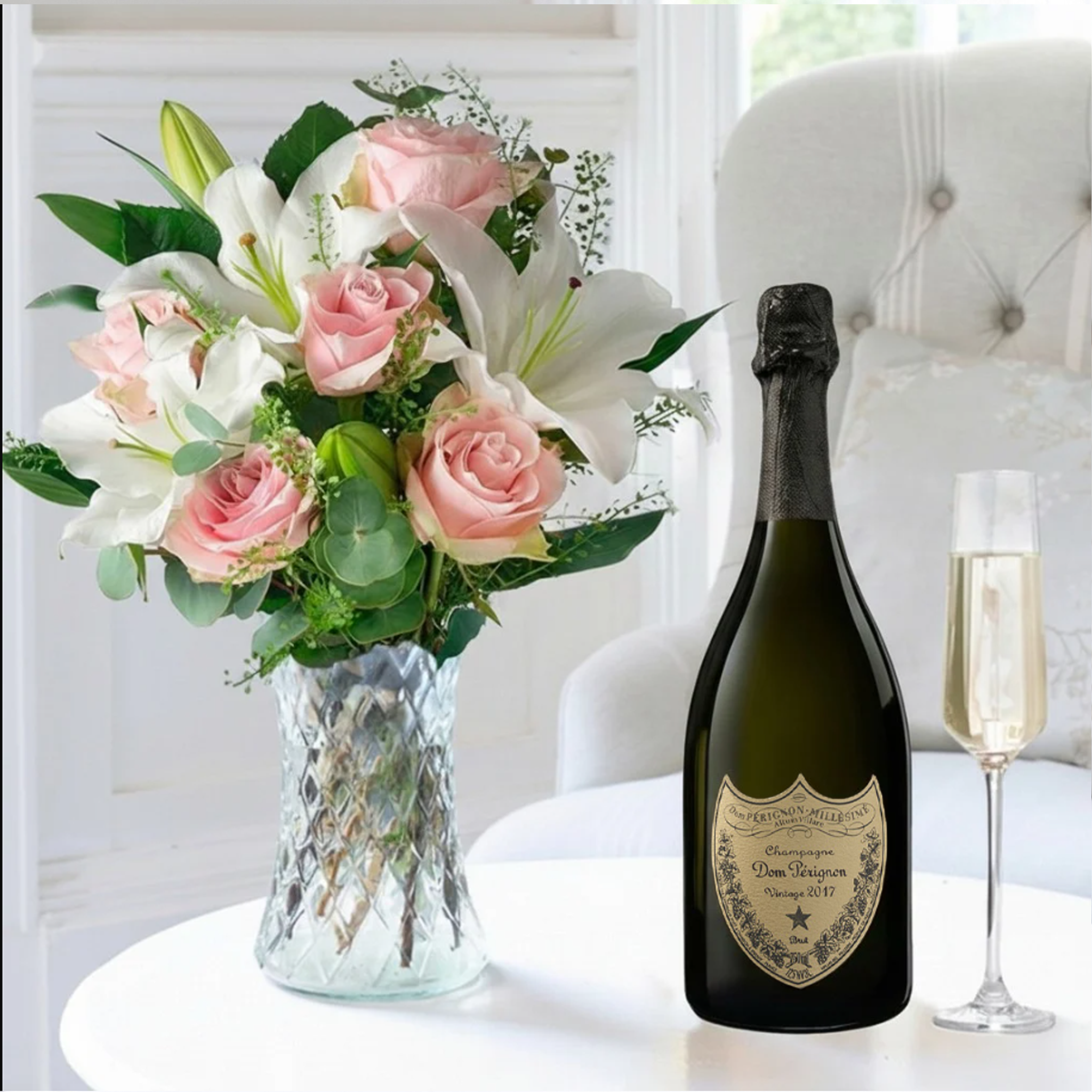Flower Gift Set - Simply Pink Rose & Lily & Dom Perignon - Eucalyptus & Lilies - Next Day Flower & Gift Delivery UK - Appleyard London