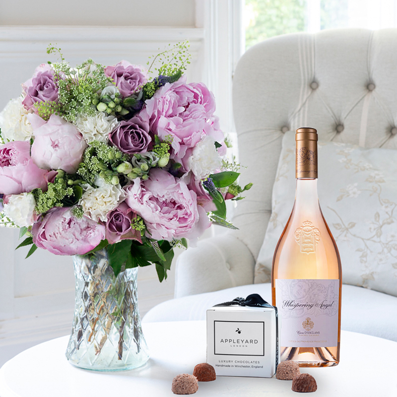 Flower Gift Set - Lilac Rose & Pink Peony, Whispering Angel & 6 Mixed Truffles - Peonies - Next Day Flower & Gift Delivery UK - Appleyard London