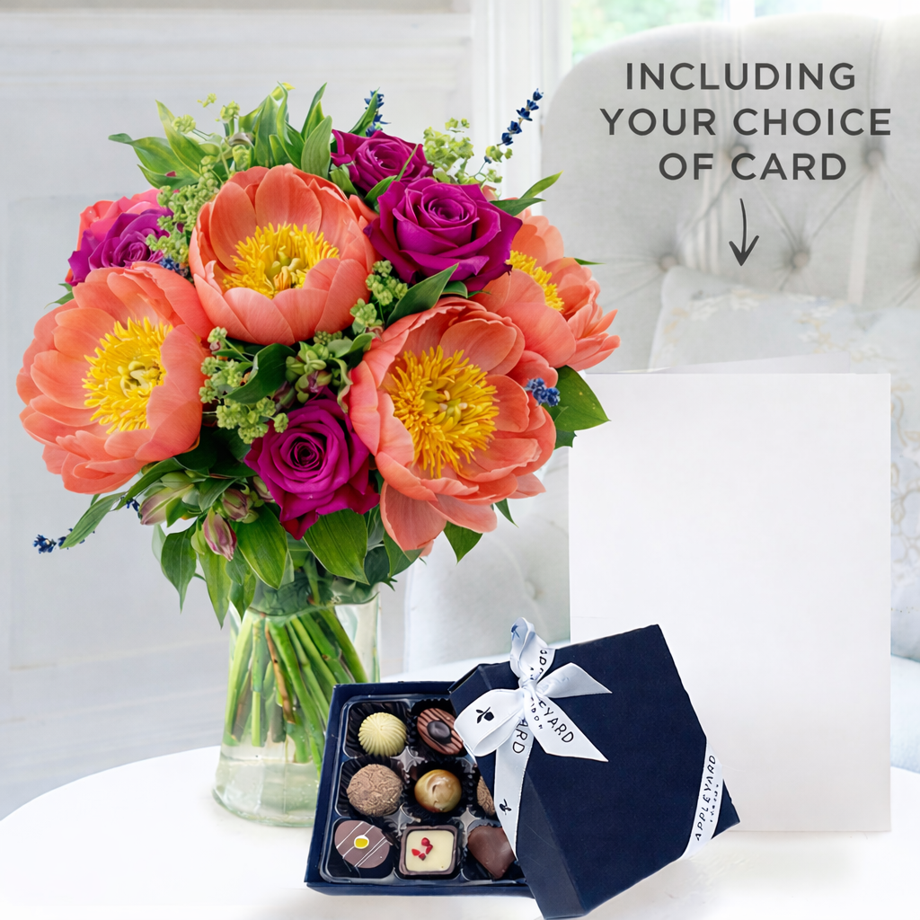 Pomegranate Rose & Pink Peony, 9 Luxury Chocolates & Free Card - Pink - Flower Gift Set - Next Day Flower & Gift Delivery UK - Appleyard London