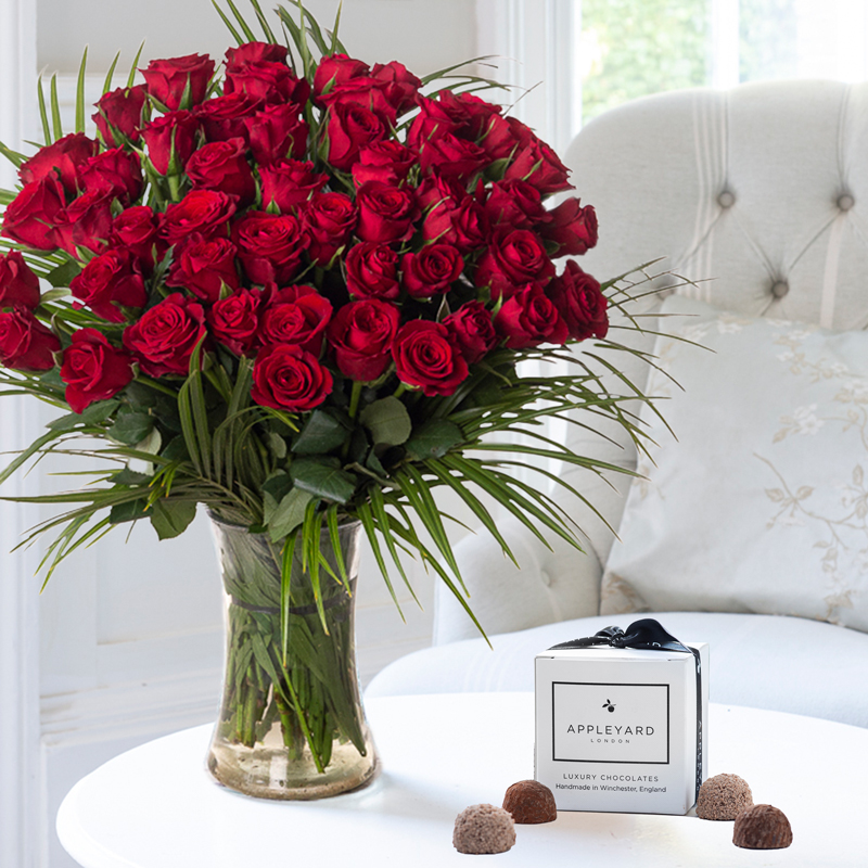 Flower Gift Set - 50 Luxury Red Roses & 6 Mixed Truffles - Next Day Flower & Gift Delivery UK - Appleyard London