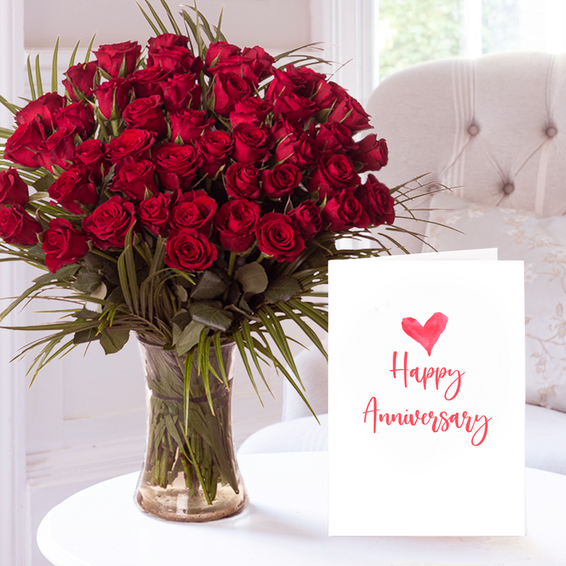 Anniversary Flower Gift Set - 50 Luxury Red Roses & Anniversary Gift Card - Next Day Flower & Gift Delivery UK - Appleyard London