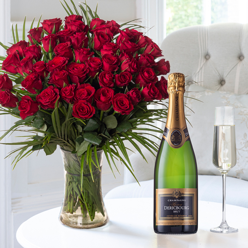 Flower Gift Set - 50 Luxury Red Roses & Champagne Dericbourg - Next Day Flower & Gift Delivery UK - Appleyard London