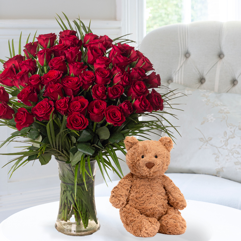Flower Gift Set - 50 Luxury Red Roses & Jellycat Bartholomew Bear - Mother's Day Flower & Gift Delivery UK - Appleyard London