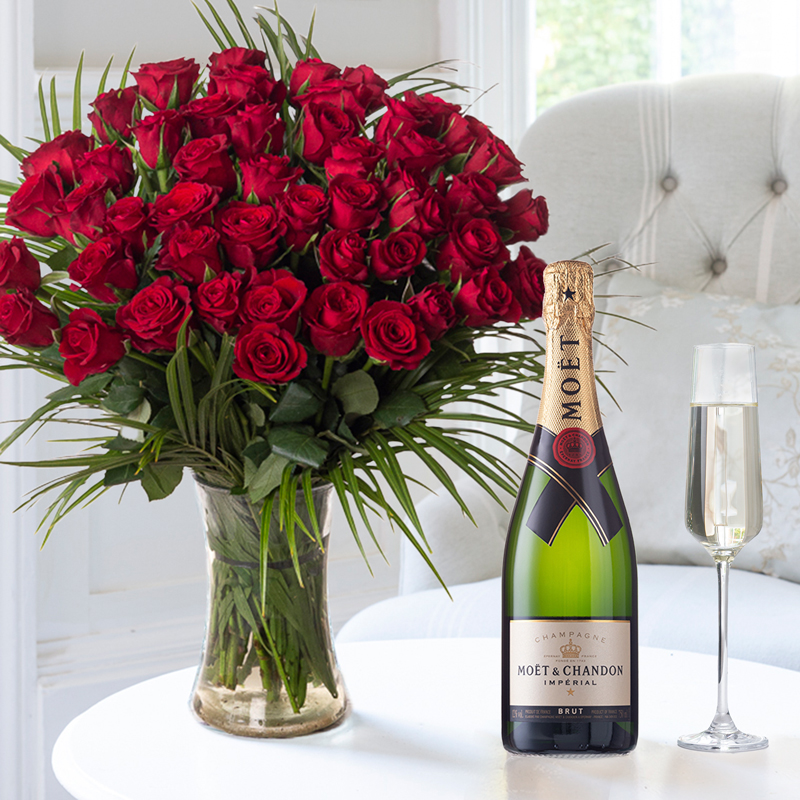 Flower Gift Set - 50 Luxury Red Roses & Moët & Chandon - Next Day Flower & Gift Delivery UK - Appleyard London