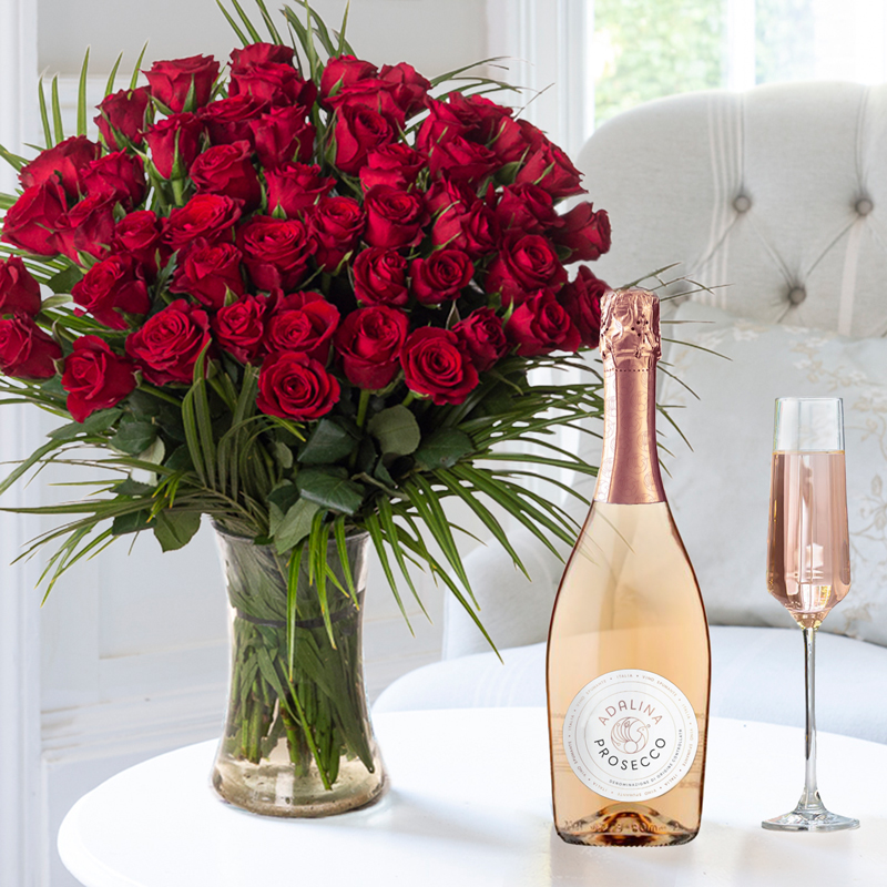 Flower Gift Set - 50 Luxury Red Roses & Prosecco Rosé - Next Day Flower & Gift Delivery UK - Appleyard London