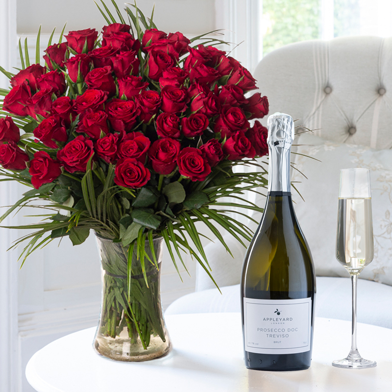 Flower Gift Set - 50 Luxury Red Roses & Prosecco - Next Day Flower & Gift Delivery UK - Appleyard London