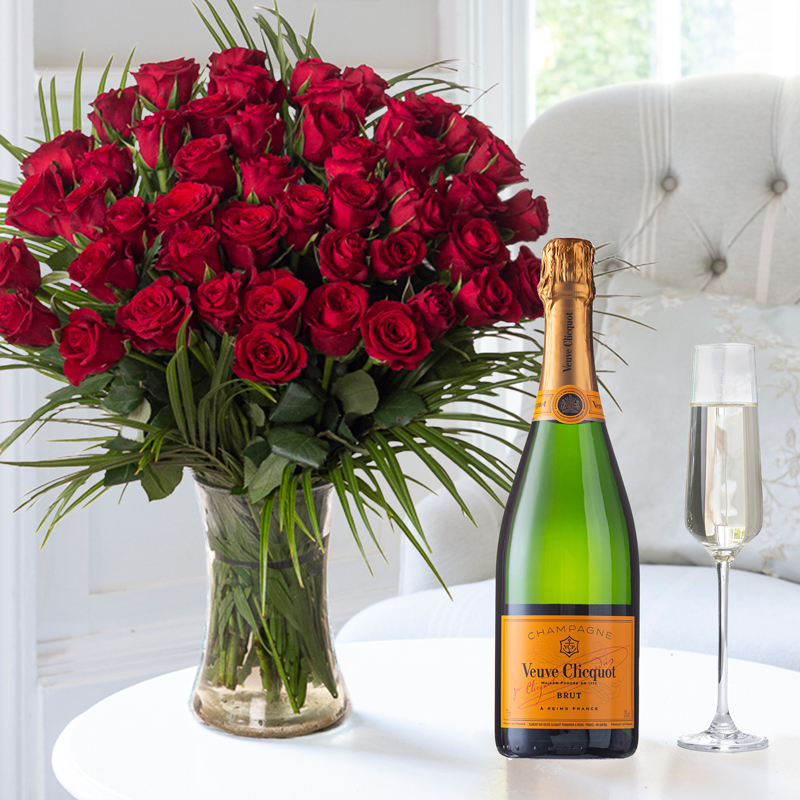 Flower Gift Set - 50 Luxury Red Roses & Veuve Clicquot - Next Day Flower & Gift Delivery UK - Appleyard London