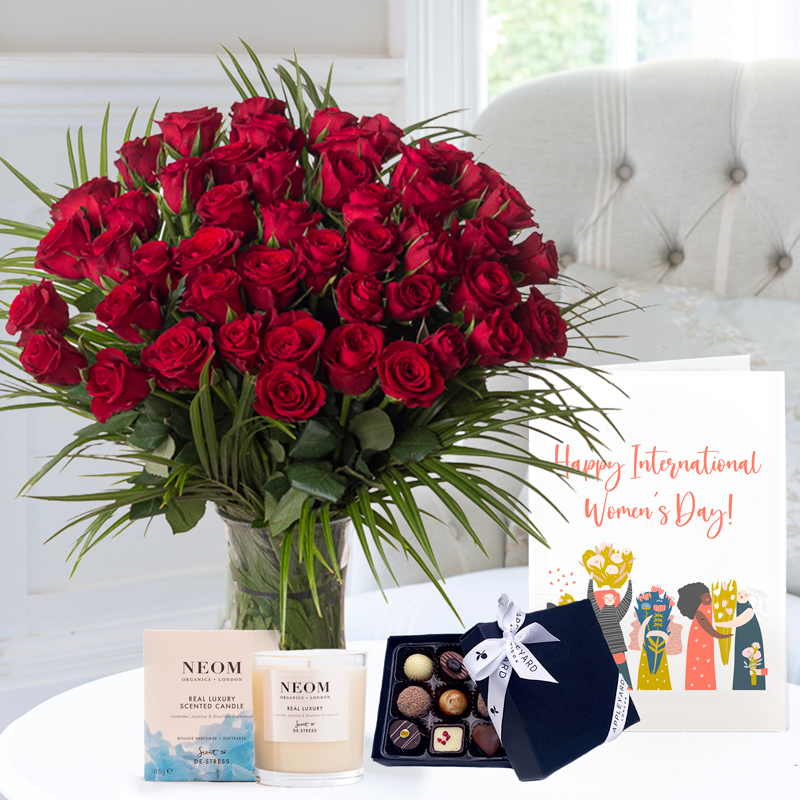 Flower Gift Set - 50 Luxury Red Roses, 9x Luxury Chocolates, NEOM Luxury Candle & Happy International Women's Day Card - Next Day Flower & Gift