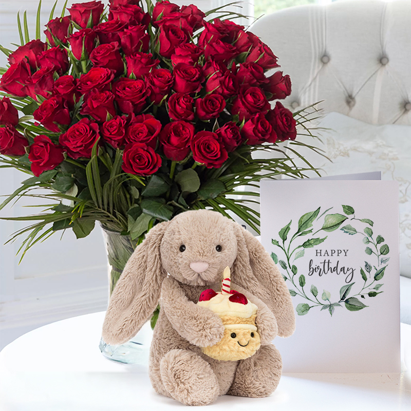 Birthday Flower Gift Set - 50 Luxury Red Roses, Jellycat Birthday Bunny & Birthday Card - Next Day Flower & Gift Delivery UK - Appleyard London