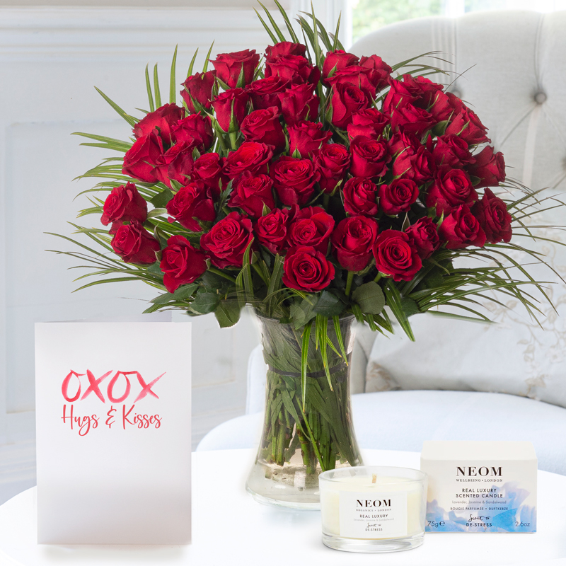 Romance Flower Gift Set - 50 Luxury Red Roses, NEOM Real Luxury Candle & Romance Card - Next Day Flower & Gift Delivery UK - Appleyard London