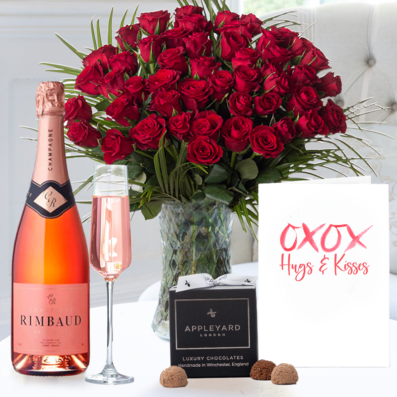 Romance Flower Gift Set - 50 Luxury Red Roses, Champagne Rimbaud Brut Rosé, 12 Mixed Truffles & Romance Card - Next Day Flower & Gift Delivery UK