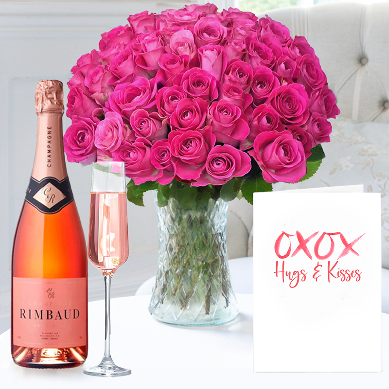 Romance Flower Gift Set - 50 Pink Roses, Champagne Rimbaud Brut Rosé & Romance Card - Next Day Flower & Gift Delivery UK - Appleyard London