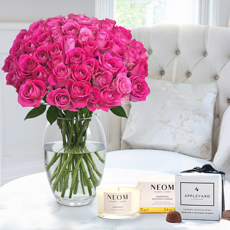 Flower Gift Set - 50 Pink Roses, NEOM Happiness Candle & 6 Truffles - Next Day Flower & Gift Delivery UK - Appleyard London