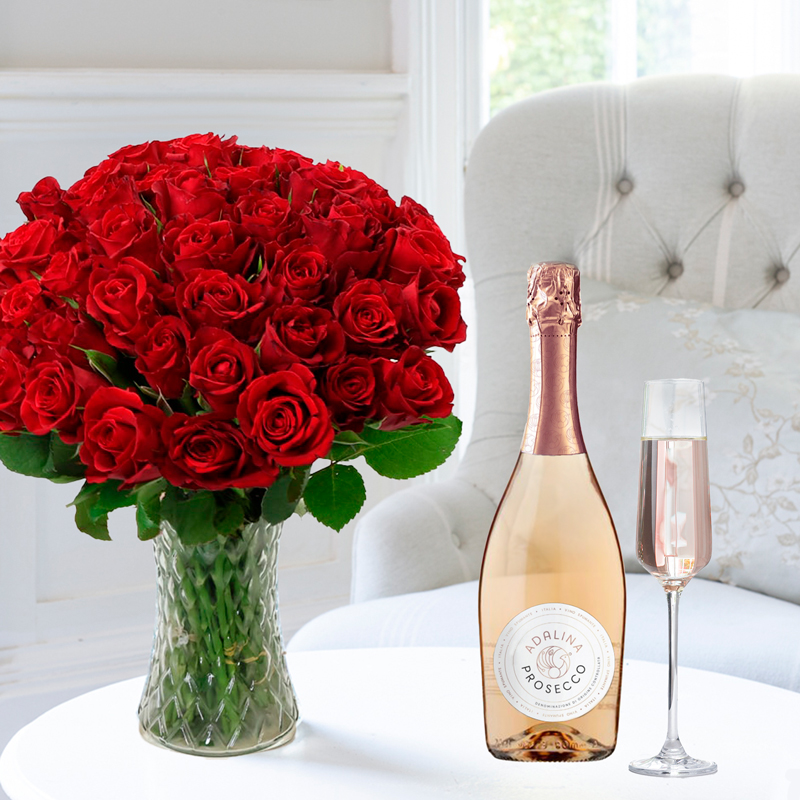 Flower Gift Set - 50 Red Roses & Prosecco Rosé - Next Day Flower & Gift Delivery UK - Appleyard London