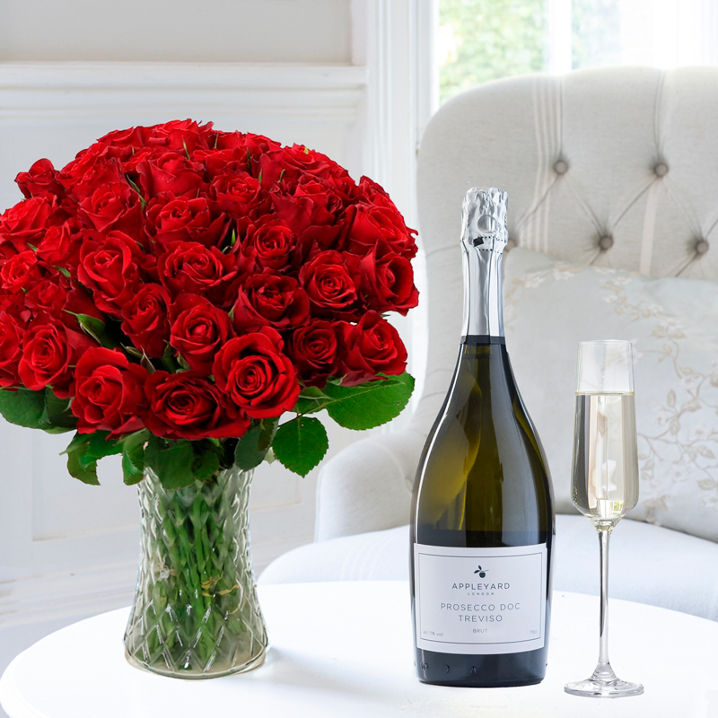 Flower Gift Set - 50 Red Roses & Prosecco - Next Day Flower & Gift Delivery UK - Appleyard London