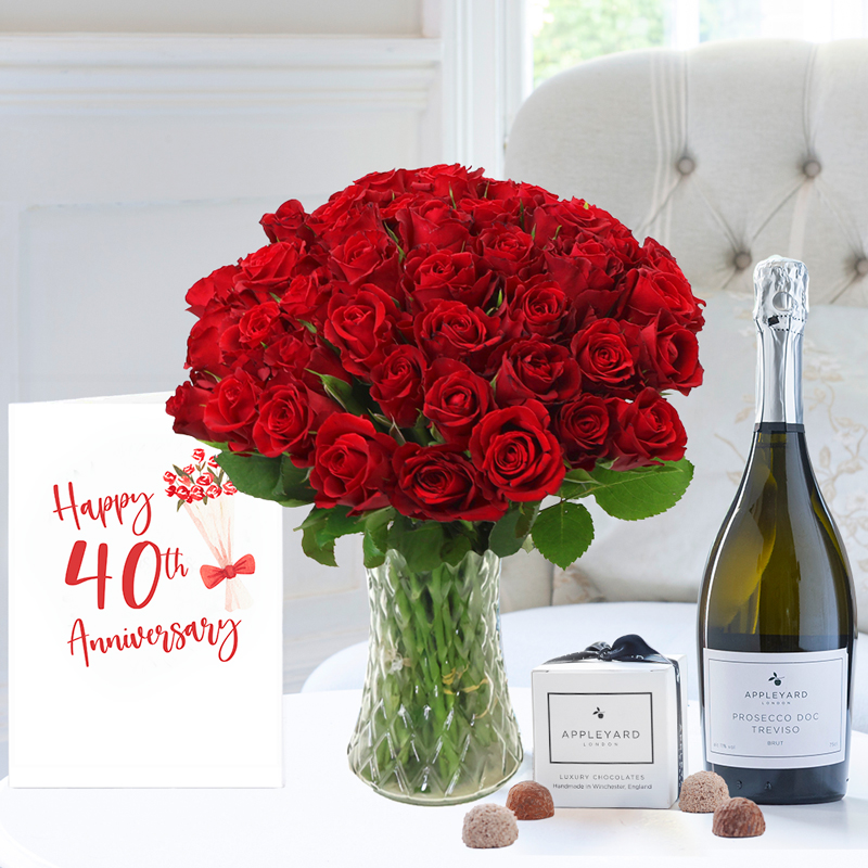 40th Anniversary Gift Flower Gift Set - 50 Red Roses, Appleyard Prosecco, 6 Mixed Truffles & Anniversary Card - Next Day Flower & Gift Delivery UK -