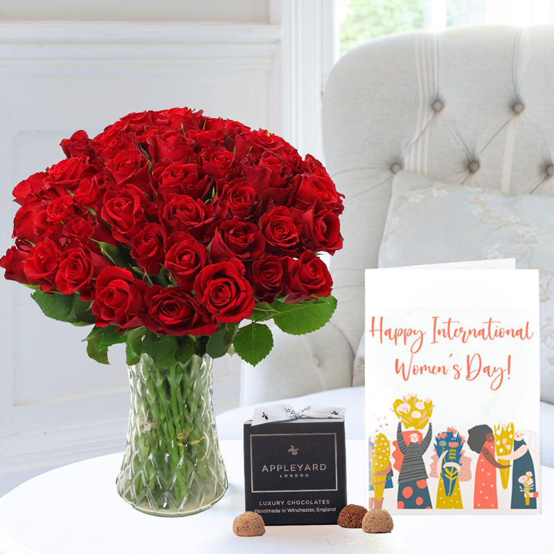 Flower Gift Set - 50 Red Roses, 12 Mixed Truffles & Happy International Women's Day Card - Next Day Flower & Gift Delivery UK - Appleyard London