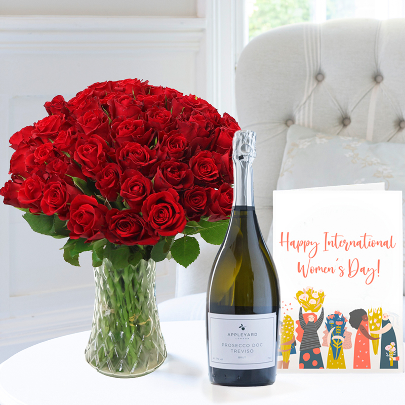 Flower Gift Set - 50 Red Roses, Appleyard Prosecco & Happy International Women's Day Card - Next Day Flower & Gift Delivery UK - Appleyard London