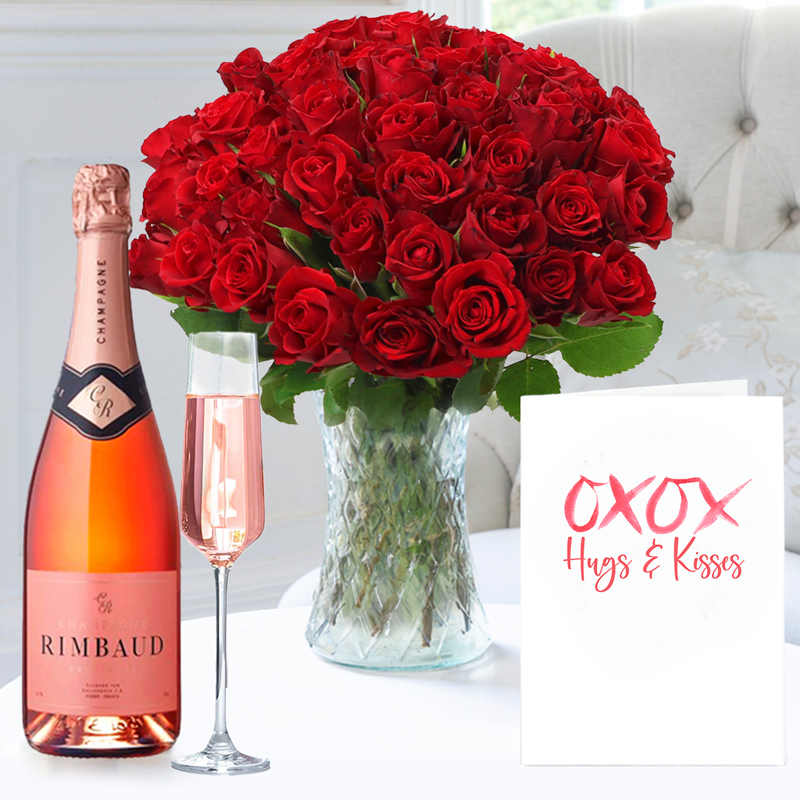 Romance Flower Gift Set - 50 Red Roses, Champagne Rimbaud Brut Rosé & Romance Card - Next Day Flower & Gift Delivery UK - Appleyard London