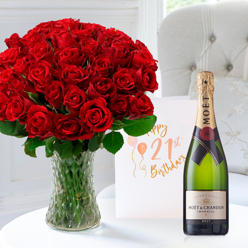 21st Birthday Gift Flower Gift Set - 50 Red Roses, Moët & Chandon & Birthday Card - Next Day Flower & Gift Delivery UK - Appleyard London