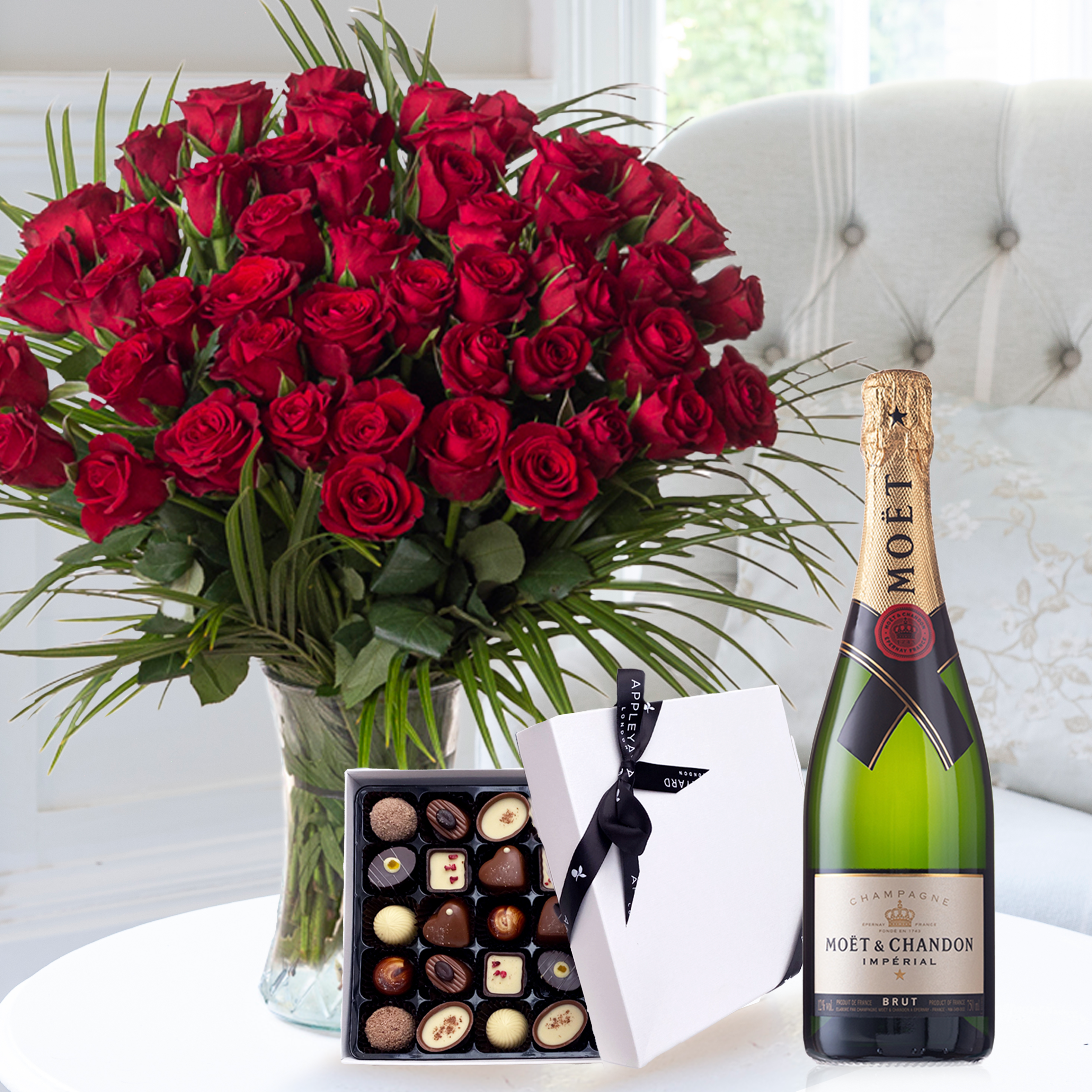 Flower Gift Set - 50 Luxury Red Roses, Moët & Chandon & 25 Chocolates - Next Day Flower & Gift Delivery UK - Appleyard London
